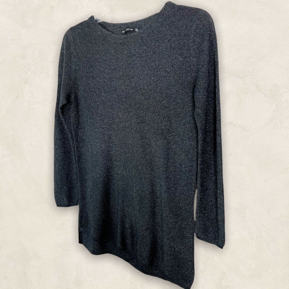 Zara Womens Black Metallic Crew Neck Pullover Asymmetrical Knit Sweater Sz M - Picture 3 of 9